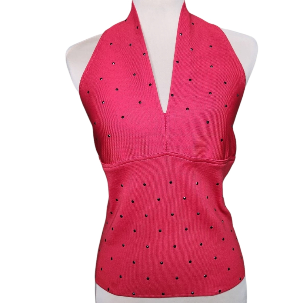 Pamela Stewart Vintage Red Halter Top w/ Black Rhinestones | Y2K Glam Clubwear